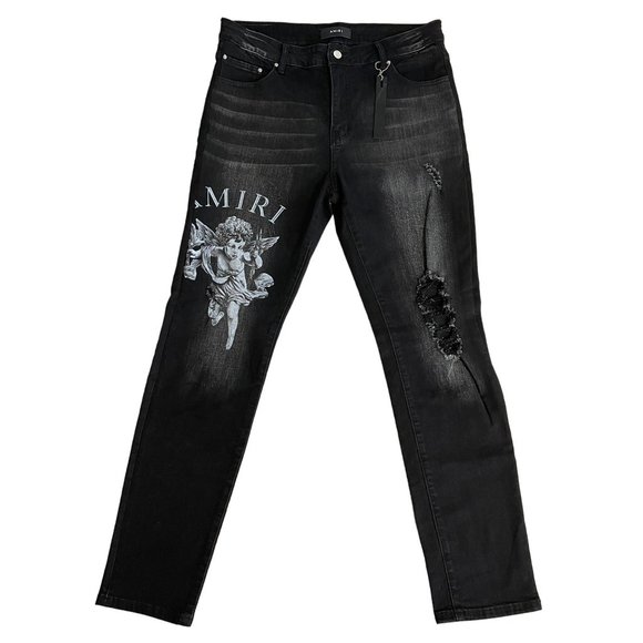 AMIRI Other - AMIRI CHERUB BLACK JEANS DISTRESSED LOGO MEN'S 36 SLIM FIT DENIM POCKETS GRAPHIC